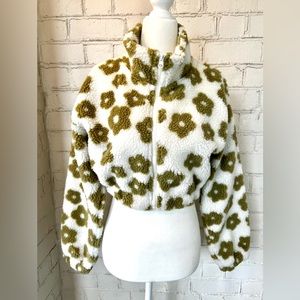 NWOT Hyfve Cropped Retro Daisy Print Sherpa Jacket, Size S, NEW
